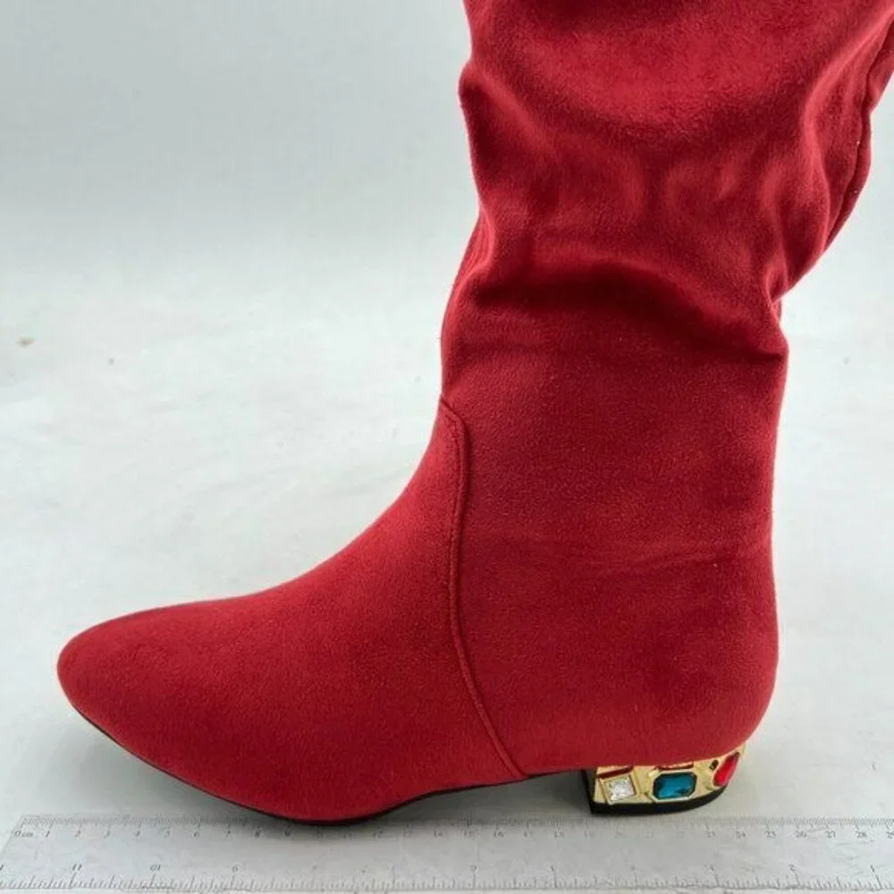 XYD Red Knee High Boot Rhinestone Side Zip Up Almond Toe Wide Calf Shoes